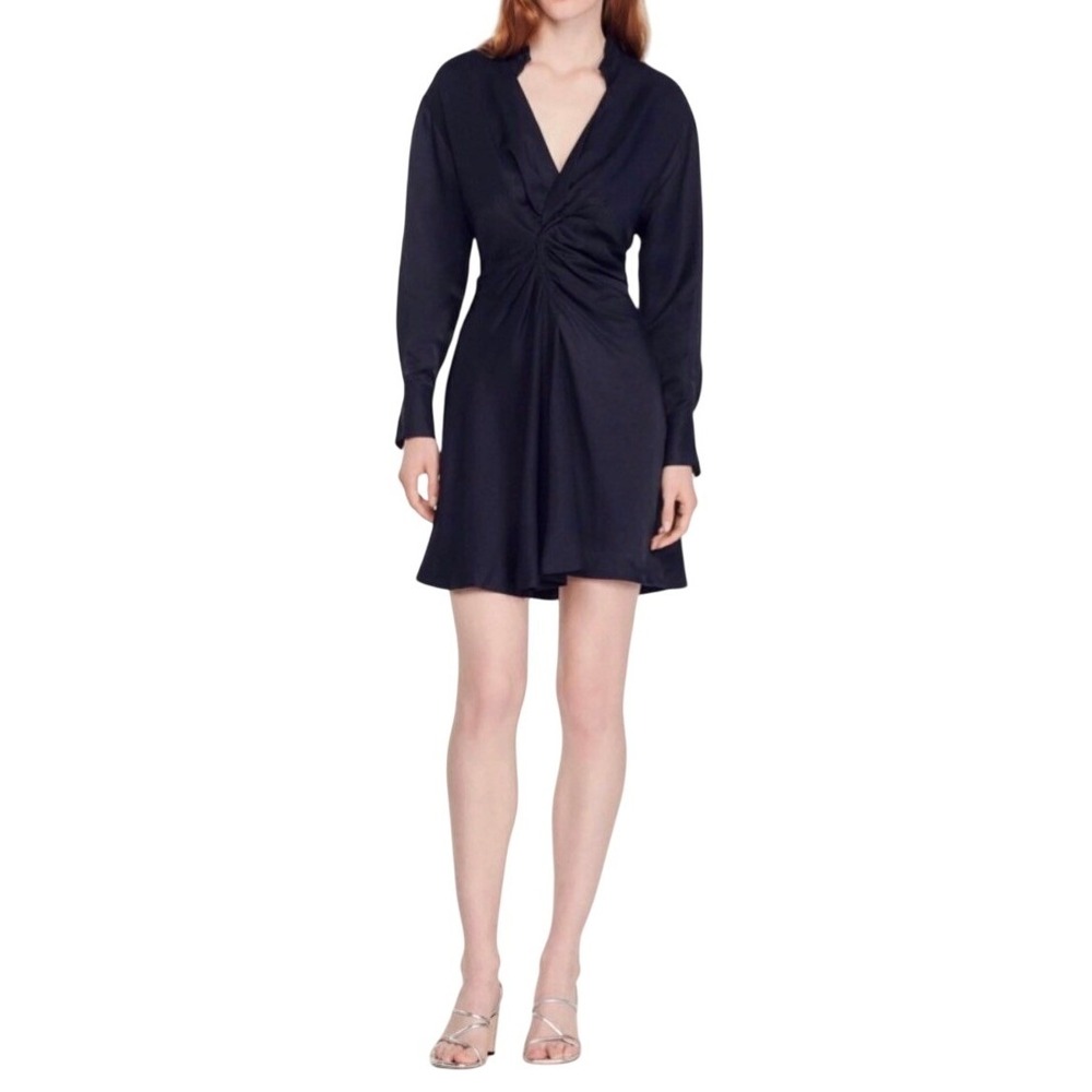 Sandro Celia Navy Blue Twist Front Linen Blend Mini Dress Marine 36 Small New - Picture 1 of 12
